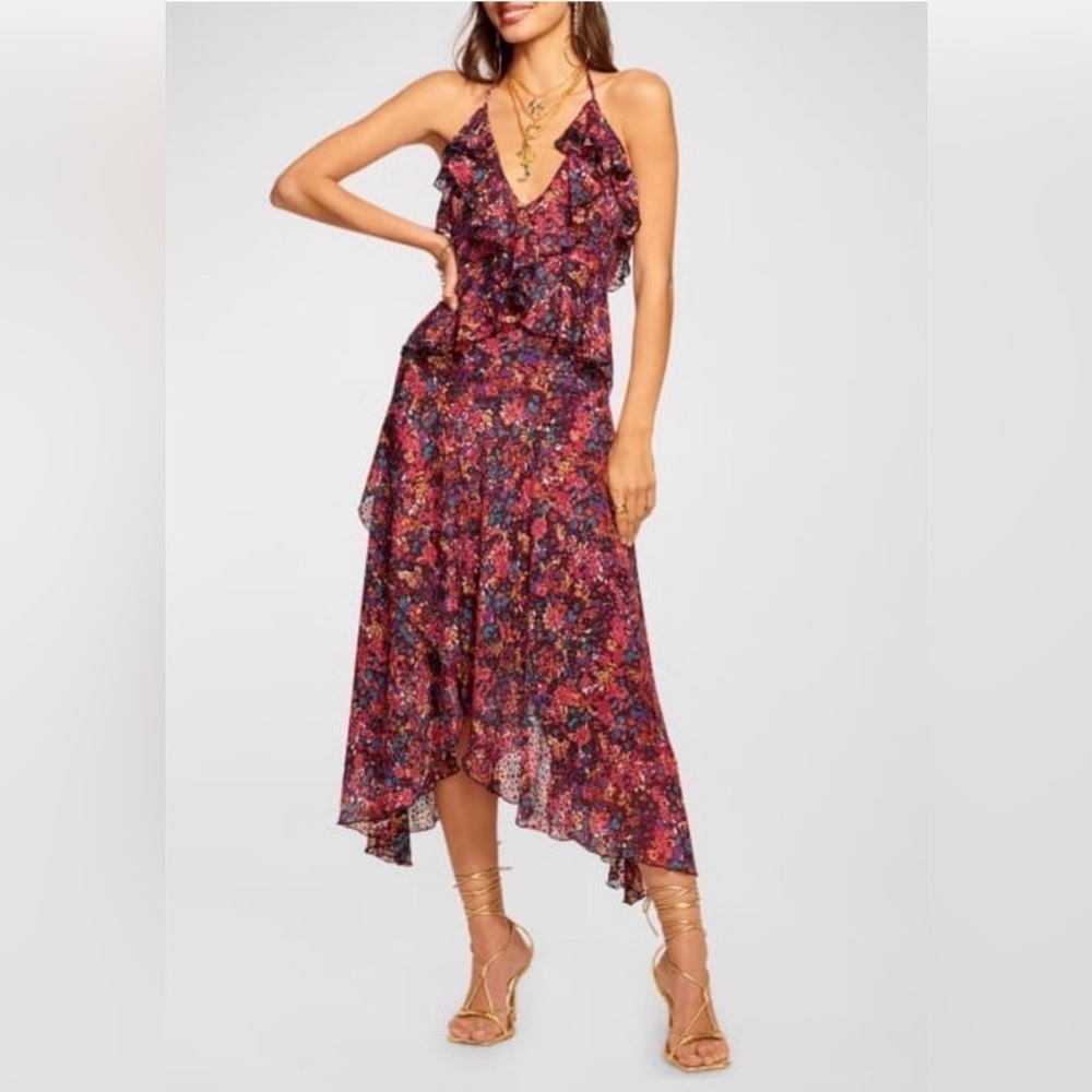 Ramy Brook Everlee Dress Floral Print Ruffle Midi Halter Flowy